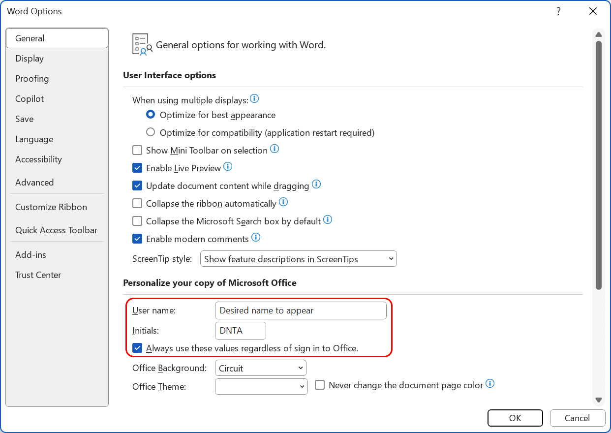Microsoft Word's General Options (File tab > Options > General)