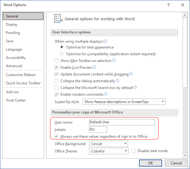 Microsoft Word's General Options (File tab > Options > General)