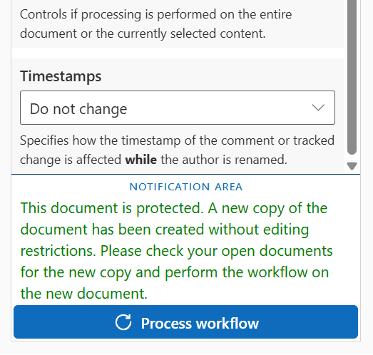 Notification shown when a document has editing restrictions enabled