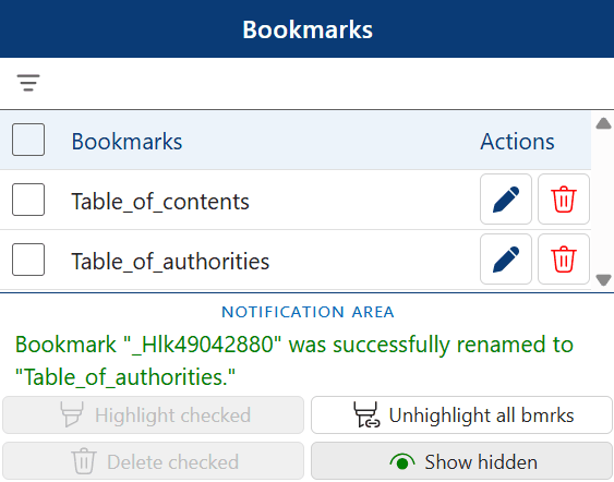 Screenshot showing the successful renaming of a bookmark