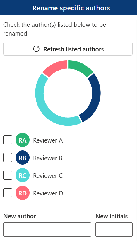 Screenshot showing how to rename specific authors in the renaming module
